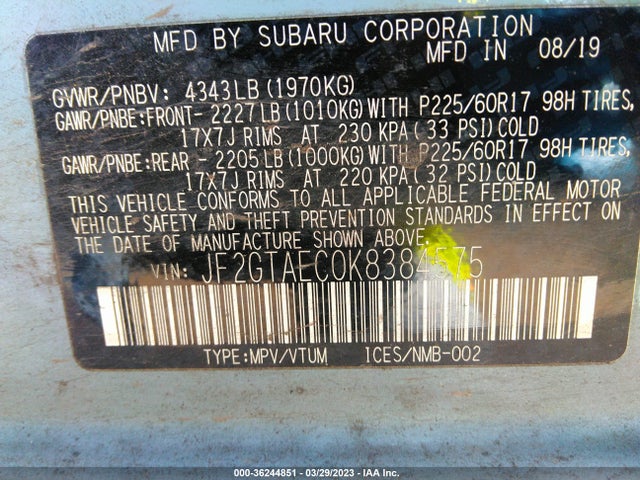 JF2GTAEC0K8384575 Subaru Crosstrek Premium