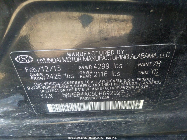 2013 HYUNDAI SONATA GLS PZEV VIN: 5NPEB4AC5DH692927
