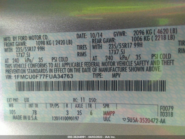 Ford ESCAPE S 2015 1FMCU0F77FUA34763 Image 9