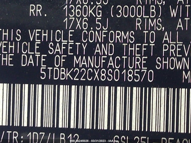 2008 TOYOTA SIENNA XLE VIN: 5TDBK22CX8S018570