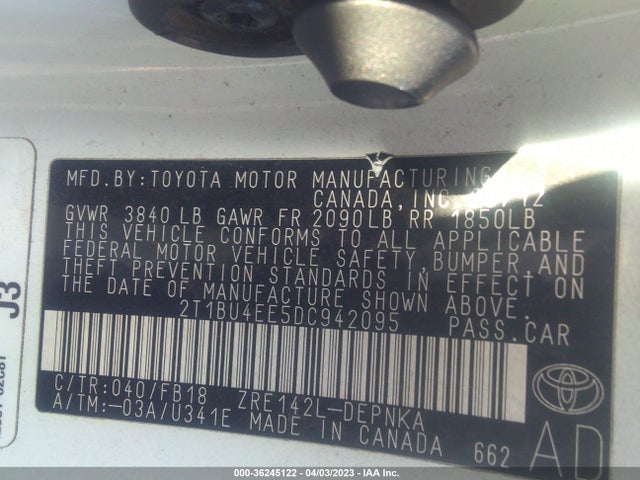 2013 TOYOTA COROLLA L/LE/S VIN: 2T1BU4EE5DC942095