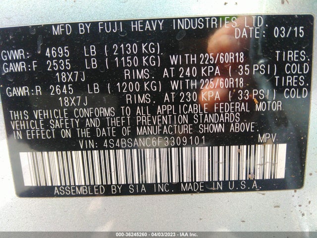 4S4BSANC6F3309101 Subaru Outback 2.5i Limited