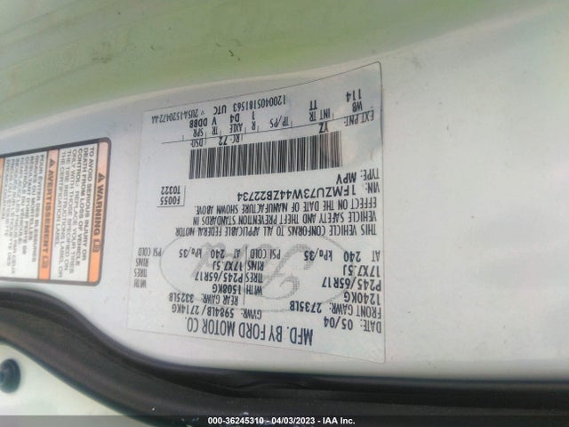 2004 FORD EXPLORER XLT/XLT SPORT/NBX VIN: 1FMZU73W44ZB22734
