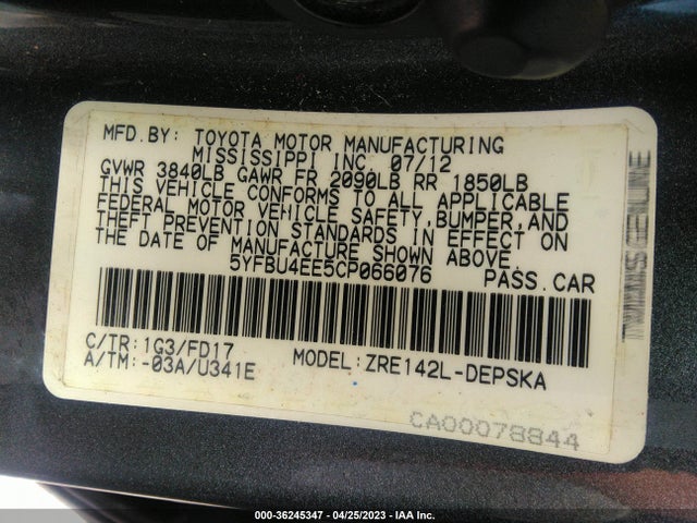 2012 TOYOTA COROLLA L/LE/S VIN: 5YFBU4EE5CP066076