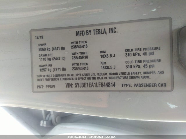 Tesla Model 3 Standard Range 2020 5YJ3E1EA1LF644814 Image 10