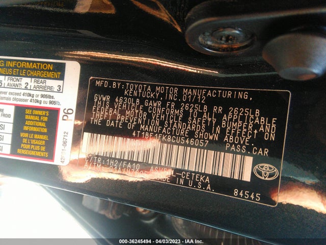 2012 TOYOTA CAMRY L/LE/SE/XLE VIN: 4T1BF1FK8CU546057