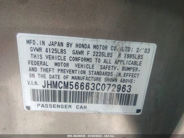 2003 HONDA ACCORD SDN EX VIN: JHMCM56663C072963