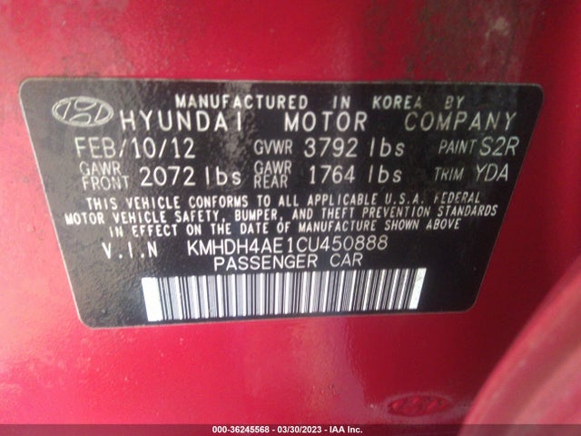 2012 HYUNDAI ELANTRA LIMITED VIN: KMHDH4AE1CU450888