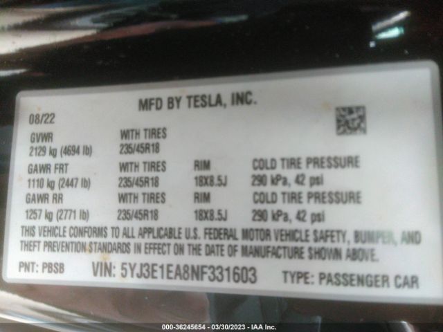 5YJ3E1EA8NF331603 Tesla MODEL 3