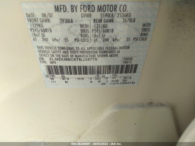 2007 LINCOLN MKX VIN: 2LMDU88C67BJ34779