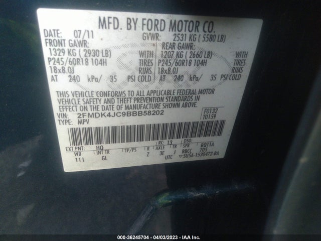 2011 FORD EDGE SEL VIN: 2FMDK4JC9BBB58202