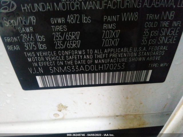 2020 HYUNDAI SANTA FE SEL VIN: 5NMS33AD0LH170253