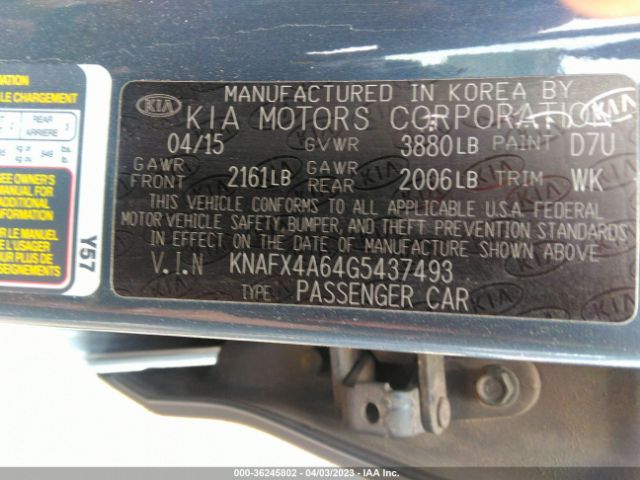 KNAFX4A64G5437493 KIA FORTE LX
