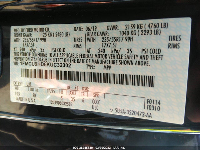 2019 FORD ESCAPE SEL VIN: 1FMCU9HD6KUC32302