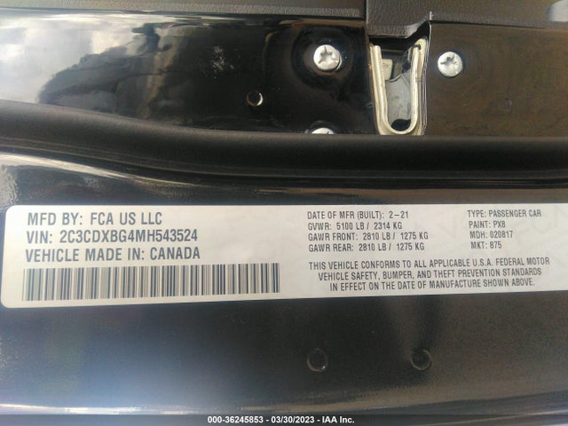 2021 DODGE CHARGER SXT VIN: 2C3CDXBG4MH543524