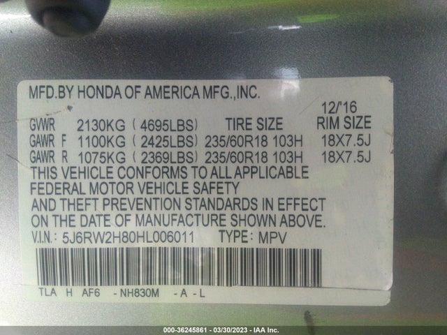 Honda Cr-v Ex-l 2017 5J6RW2H80HL006011 Image 9