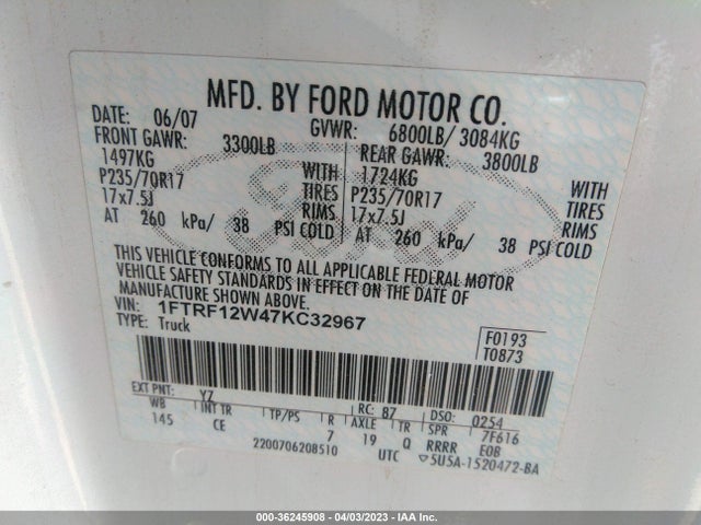 2007 FORD F-150 XL/STX/XLT VIN: 1FTRF12W47KC32967