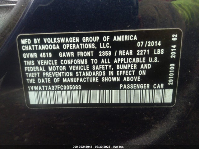 1VWAT7A37FC005083 Volkswagen Passat 1.8t Wolfsburg Ed