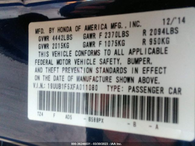 19UUB1F5XFA011080 Acura TLX TECH