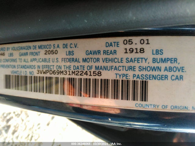 2001 VOLKSWAGEN JETTA GLS WOLFSBURG VIN: 3VWPD69M31M224158