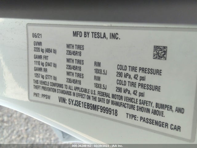 5YJ3E1EB9MF999918 Tesla Model 3 Long Range