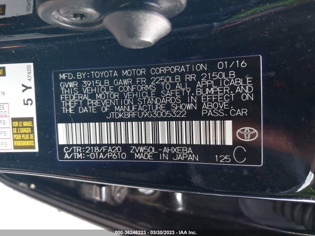 Toyota Prius Two 2016 JTDKBRFU9G3005322 Image 9