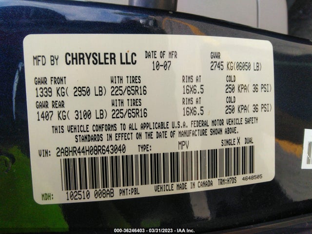2008 CHRYSLER TOWN & COUNTRY LX VIN: 2A8HR44H08R643040