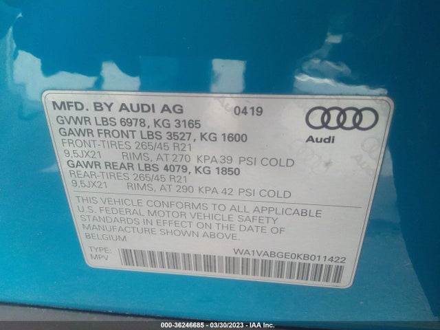 WA1VABGE0KB011422 Audi E-tron Prestige