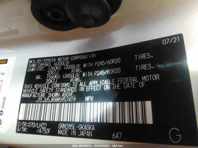 2021 TOYOTA 4RUNNER NIGHTSHADE VIN: JTEJU5JRXM5957419