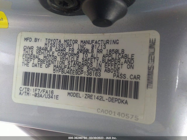 2013 TOYOTA COROLLA L/LE/S VIN: 5YFBU4EE9DP136163