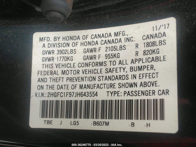 Aukcja sprzedaży 2018 Honda Civic Sedan Touring, vin: 2HGFC1F97JH643554, numer aukcji: 36246770