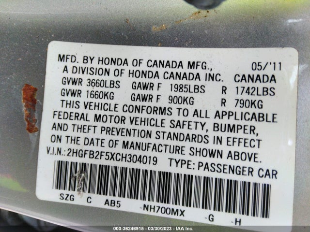 2012 HONDA CIVIC SDN LX VIN: 2HGFB2F5XCH304019