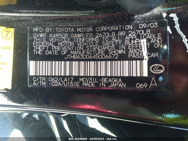 2004 LEXUS ES 330 VIN: JTHBA30G645006672