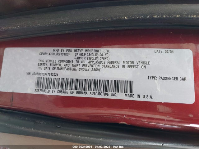 2004 SUBARU LEGACY WAGON OUTBACK H6 35TH ANN. VIN: 4S3BH815947643034