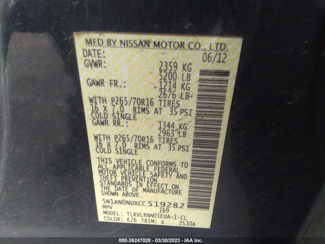 2012 NISSAN XTERRA S VIN: 5N1AN0NUXCC519282