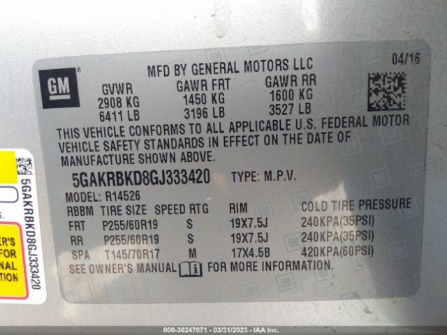 5GAKRBKD8GJ333420 Buick Enclave Leather