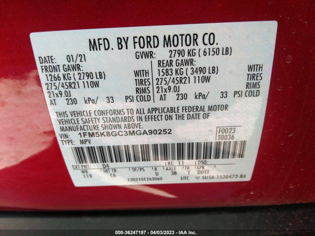 2021 FORD EXPLORER ST VIN: 1FM5K8GC3MGA90252