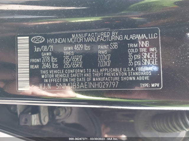 2022 HYUNDAI TUCSON SEL VIN: 5NMJB3AE1NH029797