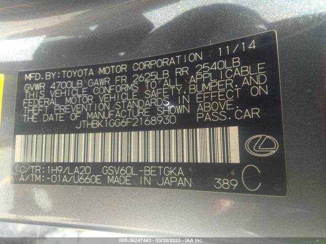 JTHBK1GG6F2168930 Lexus ES 350