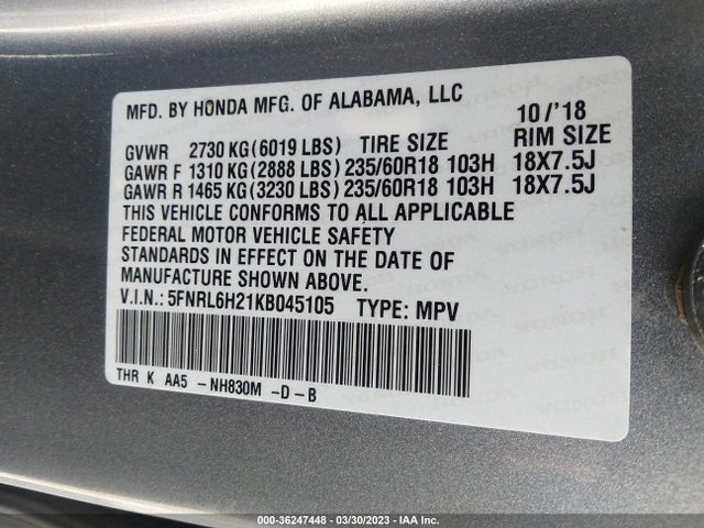 Honda ODYSSEY LX 2019 5FNRL6H21KB045105 Image 10