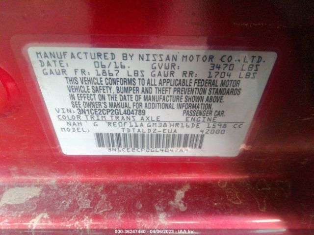 3N1CE2CP2GL404789 Nissan Versa Note S/s Plus/sv/sr/sl