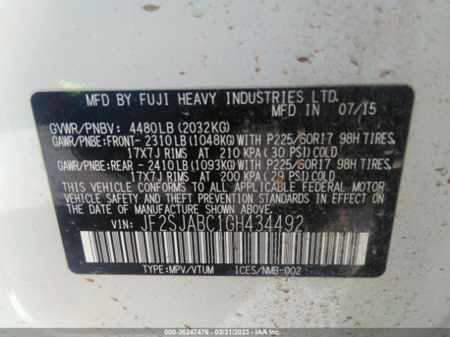 JF2SJABC1GH434492 Subaru Forester 2.5i