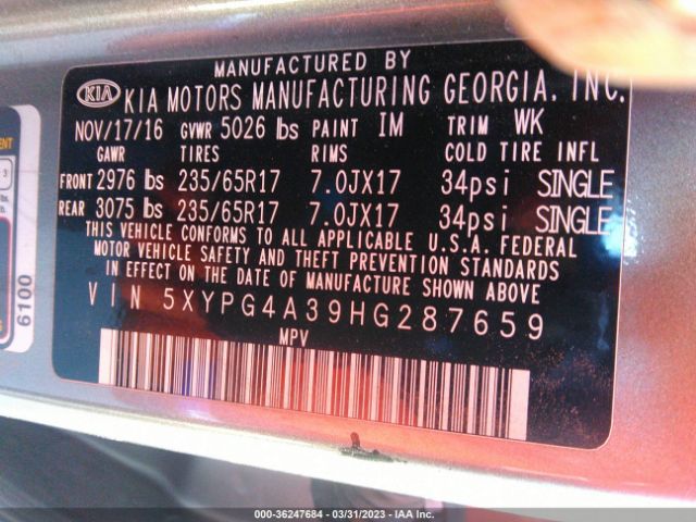 5XYPG4A39HG287659 KIA SORENTO L