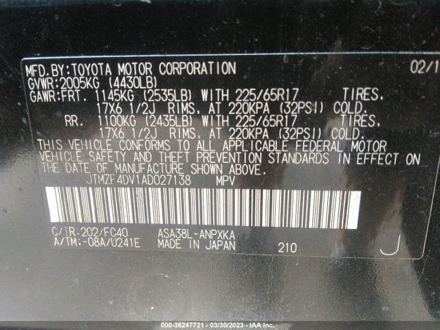 2010 TOYOTA RAV4 VIN: JTMZF4DV1AD027138