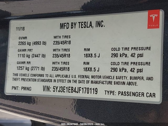 Tesla Model 3 Long Range 2018 5YJ3E1EB4JF170119 Image 9