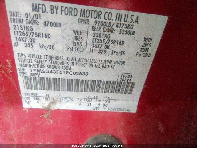 2001 FORD EXCURSION LIMITED VIN: 1FMSU43F51EC02630