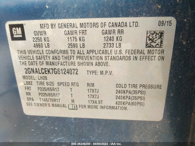 Chevrolet EQUINOX LT 2016 2GNALCEK7G6124072 Image 9