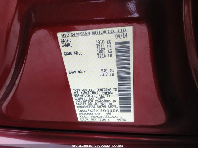 2014 NISSAN ALTIMA 2.5 SV VIN: 1N4AL3AP2EC404406