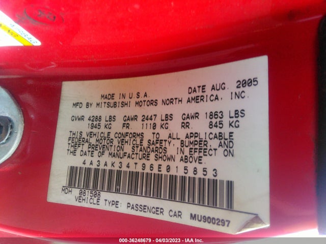 Продаж на аукціоні авто 2006 Mitsubishi Eclipse Gt, vin: 4A3AK34T96E015853, номер лоту: 36248679