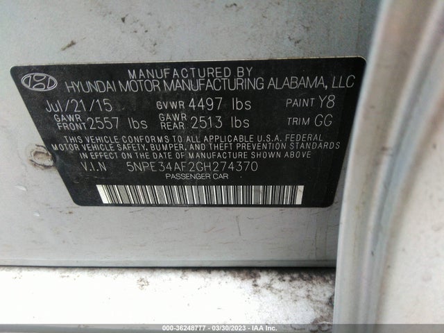 Hyundai Sonata 2.4l Limited 2016 5NPE34AF2GH274370 Image 10